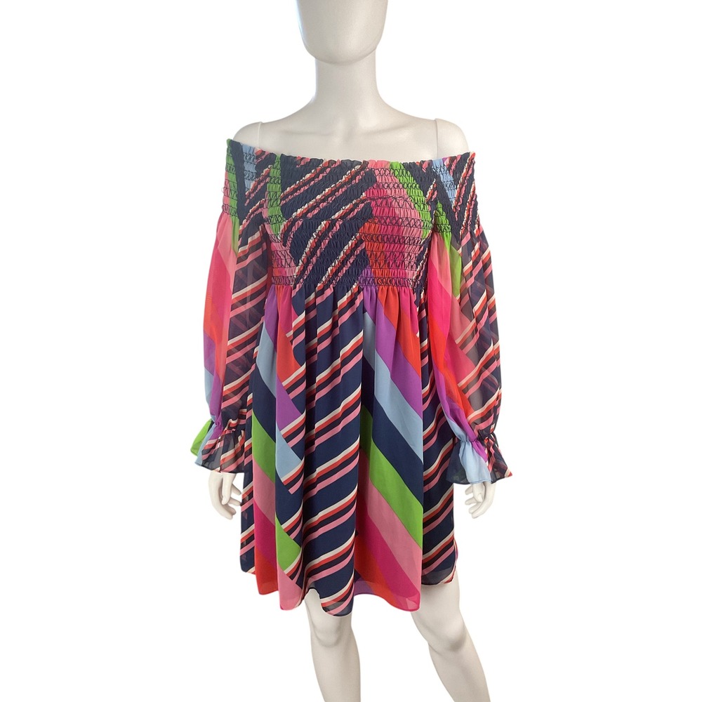 Trina Turk Dress Chevron Multicolor Off Shoulder Long Sleeve Mini Sr